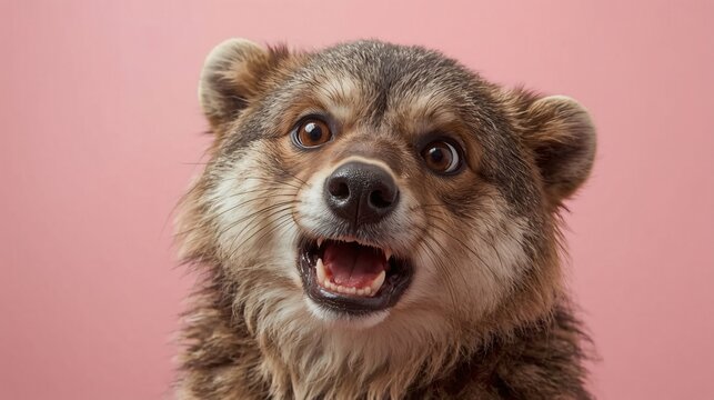 Happy Bear Cub Portrait on Pink Background.