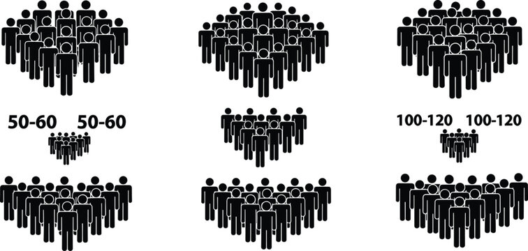 Large crowd of people silhouettes showing different population density and group sizes with numerical values for social statistics, demographic data, and community growth analysis.