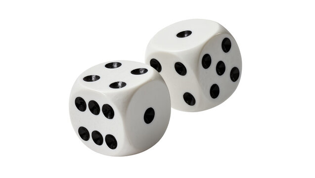 Two white dice with black dots showing numbers, isolated on transparent background