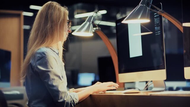 Secretary Working Late at Night in Modern Office. Business Workflow in Evening Workspace