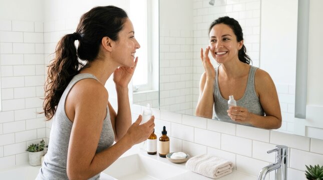 A woman is applying skincare products to her face while looking at her reflection in a mirror. She is smiling and appears relaxed.