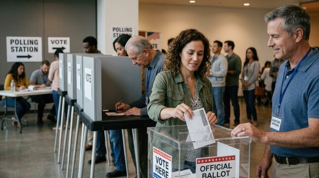 A diverse group of people are voting at a polling station. A man and a woman are filling out ballots with the assistance of an election official.