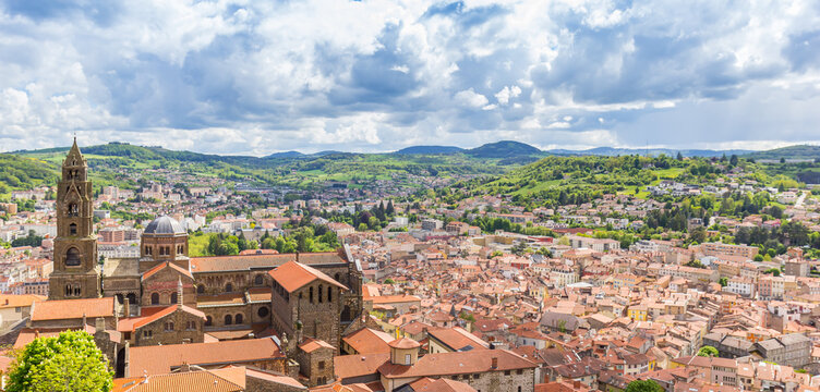 Panorama of the Notre Dame cathedral and city in Le Puy-en-Velay, France