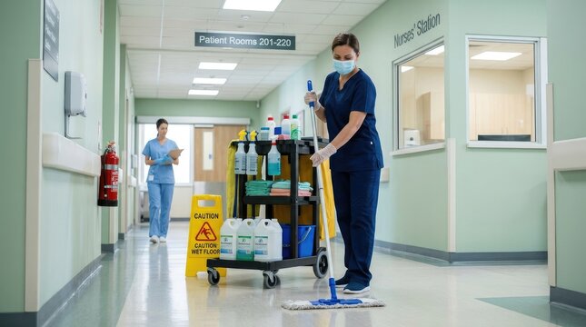A healthcare worker wearing a blue surgical mask and scrubs is diligently cleaning a hospital hallway with a cleaning cart and mop. She is focused on the task, demonstrating professionalism and care.