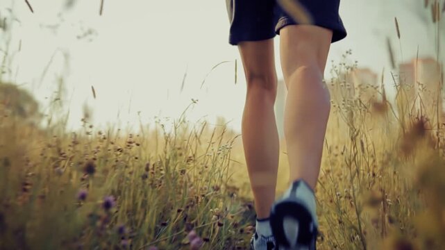 Runner Jogging Through Tall Grass In Field. Cross Country Running Workout
