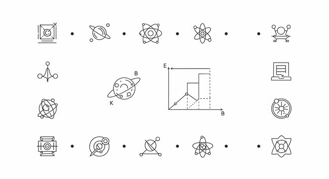 A collection of science and technology-themed icons arranged in a grid, featuring planets, atoms, charts, and computers.