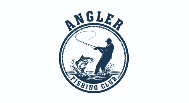 Vintage Angler Fishing Club logo with fisherman catching a jumping fish.