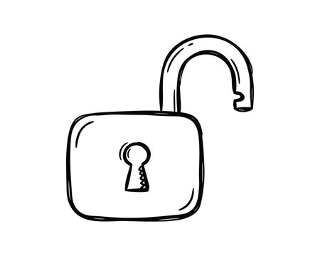 Open padlock sketch with keyhole on transparent background, representing unlocked security.