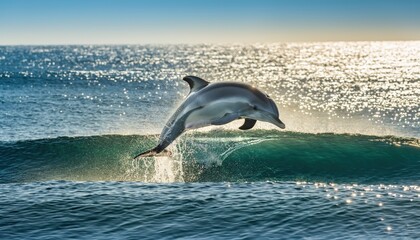Fototapeta premium Graceful dolphin leaping out of a sparkling ocean wave during a sunlit day