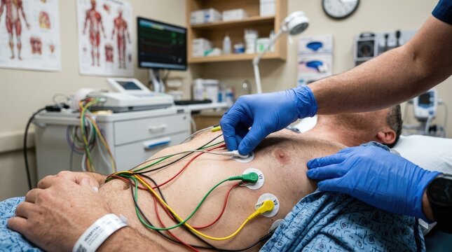A healthcare professional applies electrodes to a man's chest during an electrocardiogram (ECG) test.