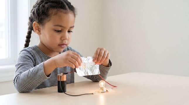 Child doing battery experiment early STEM science learning activity concept