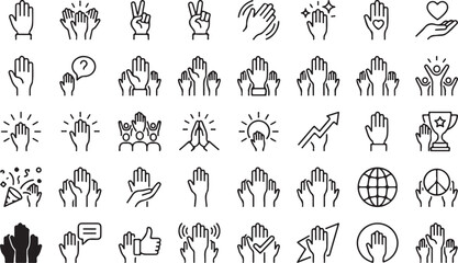 Fototapeta premium Minimalist hand gestures line icon set, 40 vector icons for community and teamwork, black outline hand symbols for communication and volunteering