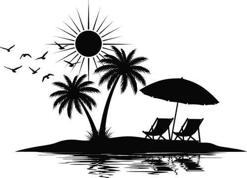 tropical beach scene with palm trees and lounge chairs