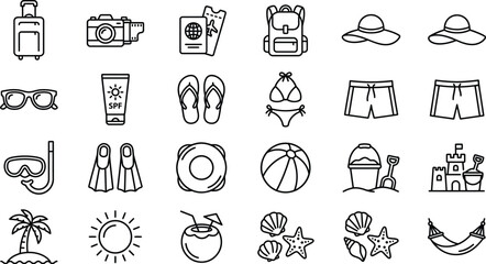 summer vacation icons set in black and white line art © Pranto Thakur