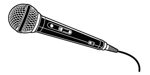Black and white graphic of a professional handheld microphone for music and public speaking with microphone recording broadcast communication illustration isolated performance entertainment © Rabbi