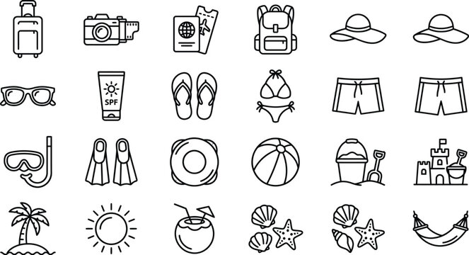 summer vacation icons set in black and white line art
