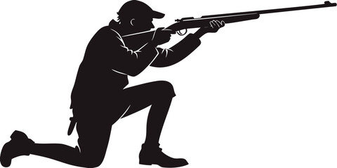 Hunter silhouette aiming a rifle while kneeling in outdoor pursuit with silhouette shooting outdoors outdoorsman activity recreation adventure countryside wildlife camouflage equipment © Rabbi