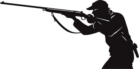 Detailed silhouette of a hunter preparing to fire a rifle with silhouette shooting outdoors outdoorsman activity recreation adventure countryside wildlife camouflage equipment marksman © Rabbi
