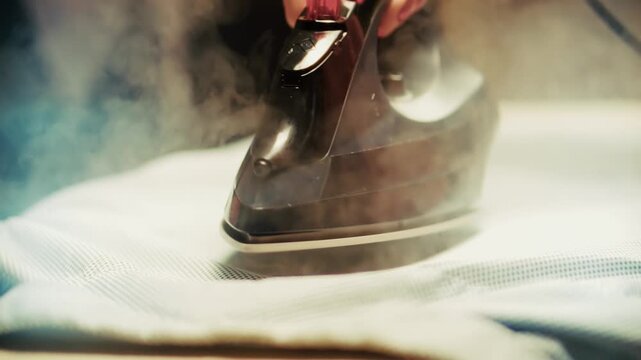 Tailor Smoothing Fabric Wrinkles With Steamer. Textile Maintenance And Clothing Preparation. High Temperature Pressing Tool In Action