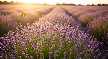 Fototapeta premium Beautiful Lavender Field at Sunset with Flying Monarch Butterflies. Aromatic Purple Flower Landscape at Golden Hour in Provence.
