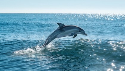 Fototapeta premium A Sleek Dolphin Leaps Gracefully from the Sparkling Ocean Waves Under a Clear Blue Sky