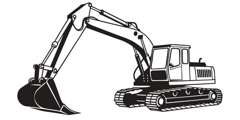 Stylized monochrome icon of a heavy construction digger or tracked excavator with heavy duty excavator construction machinery equipment industrial engineering building earthmoving development © Rabbi