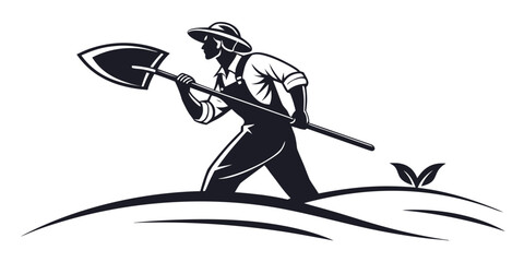 Farmer with shovel working on agricultural land monochrome vector illustration agriculture gardener cultivation planting gardening silhouette illustration monochrome countryside profession © Rabbi