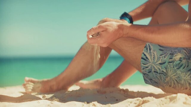 Traveler Sitting On Tropical Sandy Beach And Pouring Sand. Peaceful Holiday Atmosphere By Turquoise Ocean