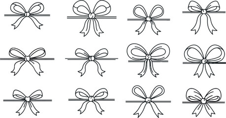 Set of hand-drawn minimalist ribbon bows and gift knots in outline style for greeting cards, wedding invitations, and luxury packaging design. © MAHDIHASAN
