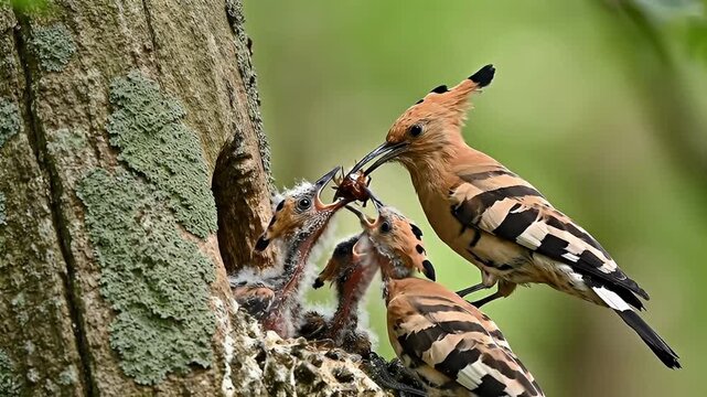 Slow motion video of hoopoe mother feeding her hungry children