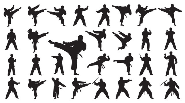 Martial arts silhouette collection, karate and taekwondo fighter poses, 28 black vector icons of combat sport athletes in action