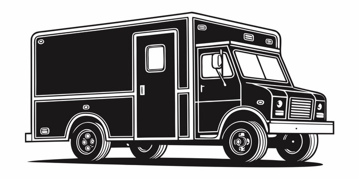 Minimalist black and white step van delivery truck vector illustration with delivery transport logistics commercial shipping silhouette illustration monochrome isolated transportation
