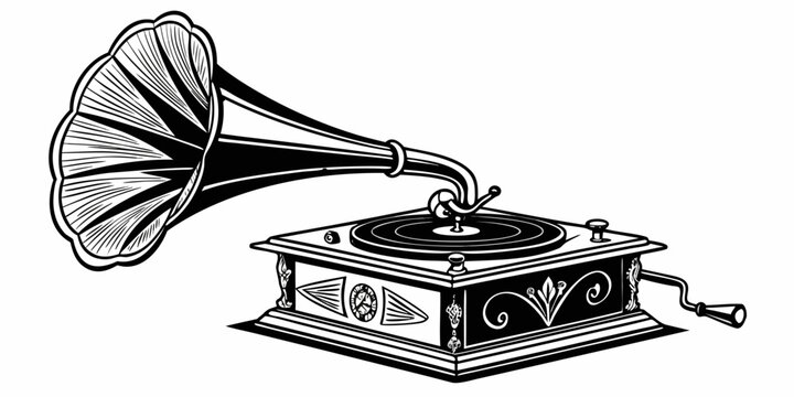 Detailed vintage style gramophone with manual crank illustration gramophone phonograph nostalgia turntable instrument listening graphics illustration monochrome isolated entertainment