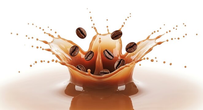 Biji kopi panggang jatuh ke dalam cipratan cairan kopi susu yang melambangkan kesegaran luar biasa dan kenikmatan cita rasa tinggi