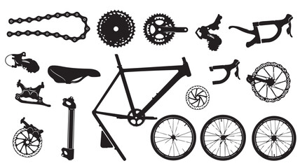 Naklejka premium Bicycle parts silhouette collection, road bike components and spare gear icons, black vector set of cycling equipment for repair shop