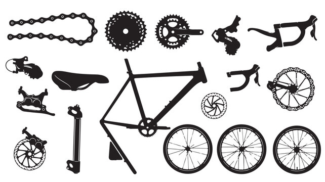 Bicycle parts silhouette collection, road bike components and spare gear icons, black vector set of cycling equipment for repair shop