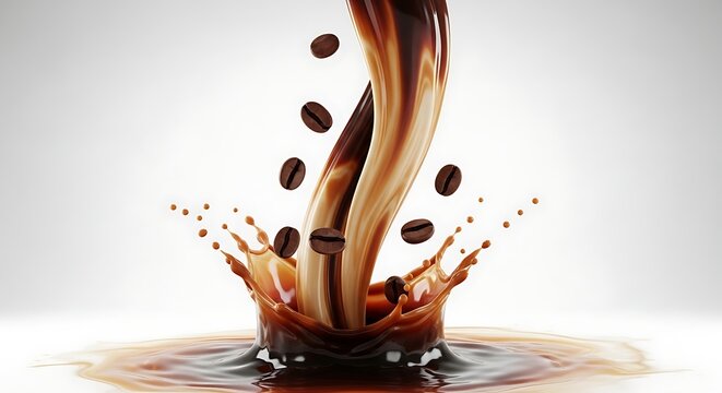 Pusaran kopi dan susu mengalir jatuh bersama biji kopi panggang yang melambangkan energi dinamis dan kelezatan minuman kafe modern