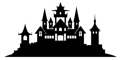 Gothic fantasy castle silhouette with multiple spires and arched entrance silhouette monochrome medieval illustration architecture building fortress landmark isolated structure historical © Rabbi