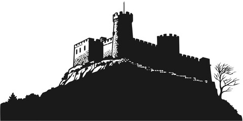 Silhouette illustration of a medieval castle on a rocky hill with a bare tree in monochrome castle wall silhouette art silhouette medieval fortress architecture historical monochrome isolated © Rabbi