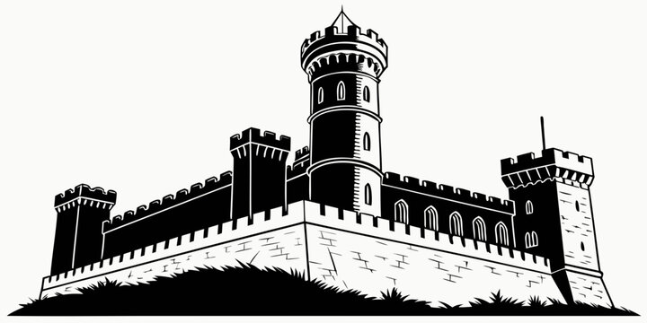 Medieval stone castle illustration with towers and battlements in black and white style fortress medieval battlements architecture historic engraving illustration monochrome fortified