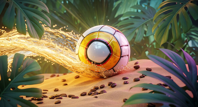 Vibrant digital illustration of a stylized eye with orange sparks on a sandy tropical surface surrounded by lush greenery and coffee beans