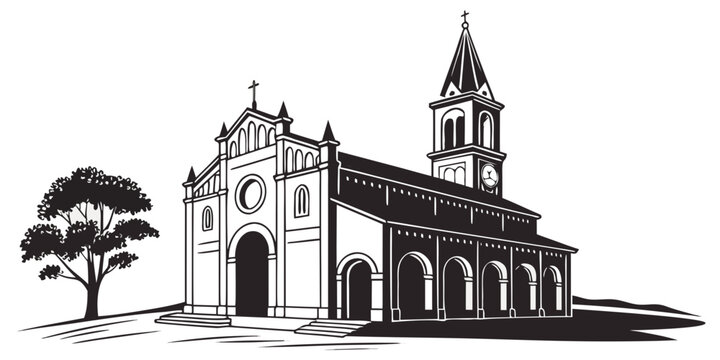 Detailed silhouette graphic of church with bell tower and tree building architecture religion christian cathedral monastery christianity silhouette illustration minimalist isolated