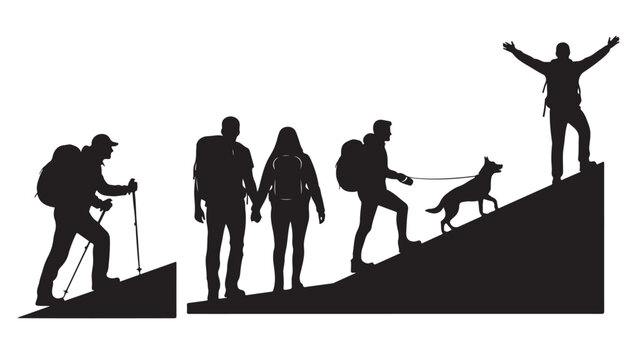 Hiking silhouette vector set, active people trekking with backpacks and dog, mountain climbers and travelers exploring nature outdoors