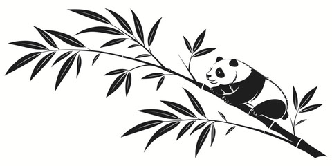 Cute panda sitting on bamboo branch black and white vector illustration with bamboo forest nature lover bamboo stalk bamboo leaves vector graphic bamboo tree wildlife illustration silhouette © Rabbi