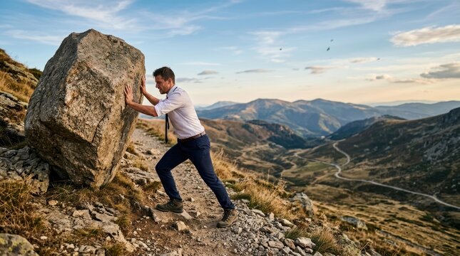 A determined businessman pushes a large boulder uphill. He is wearing a white shirt and dark pants, and is actively exerting effort to move the heavy rock.
