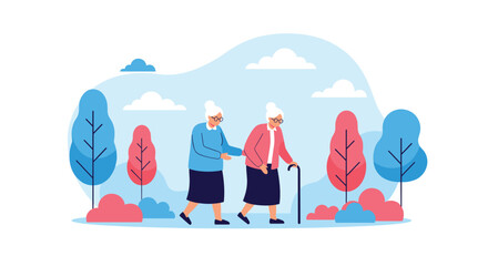 Obraz premium Two senior women walking together through a colorful public park with blue and pink trees on a bright and sunny day.