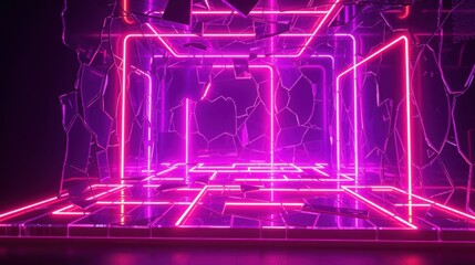 Obraz premium Abstract neon structure. Geometric shapes illuminate dark space. Bright pink lines create futuristic display. Minimalist design evokes digital world.