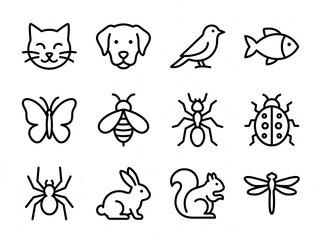 Fototapeta premium Black and white line art icons depicting common animals and insects. Vector isolated on white