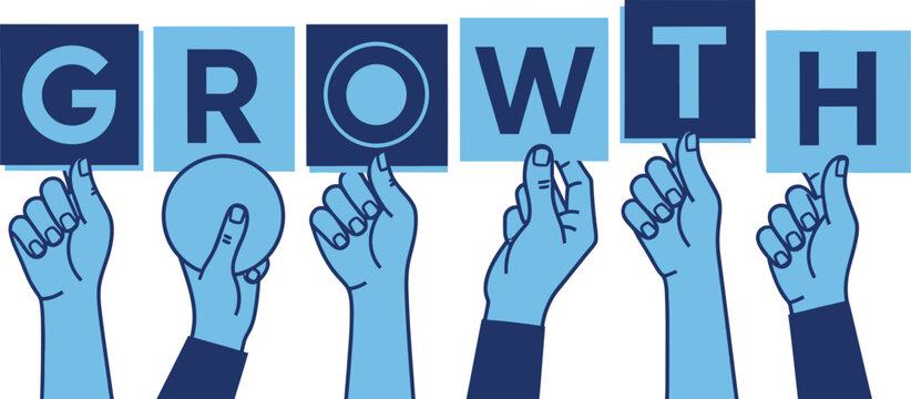 Corporate Team Growth Vector Illustration: Blue Hands Holding Signs Spelling Growth in Bold Block Letters - Flat Design Graphic for Business Development, Financial Success, and Team Collaboration
