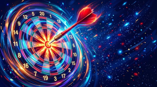 A dart striking the bullseye of a colorful swirling dartboard with fiery energy and cosmic background effects